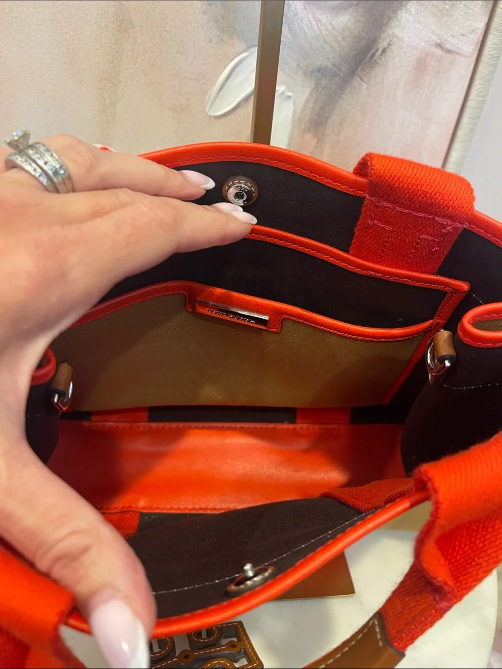NWOT Tory Burch Tan Canvas Tote with Bright with Coral Trim